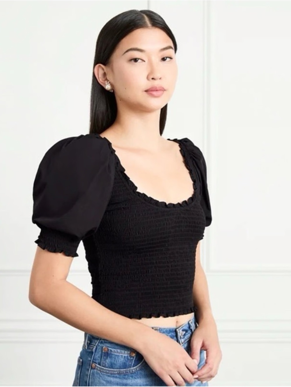 NWOT Hill House Home Nap Smocked Puff Sleeve Aiko Crop Top Black Size XS